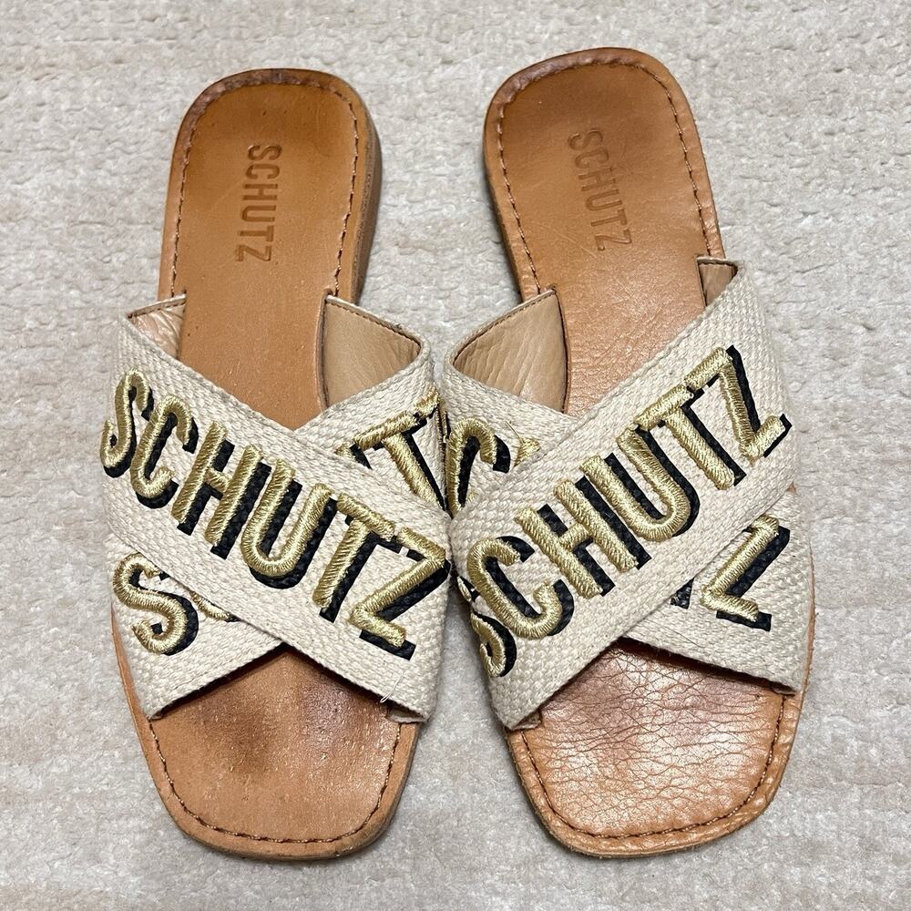 Schutz Sandals Womens Strappy Logo Gold Size 7 US 37 EUR Summer Vacation